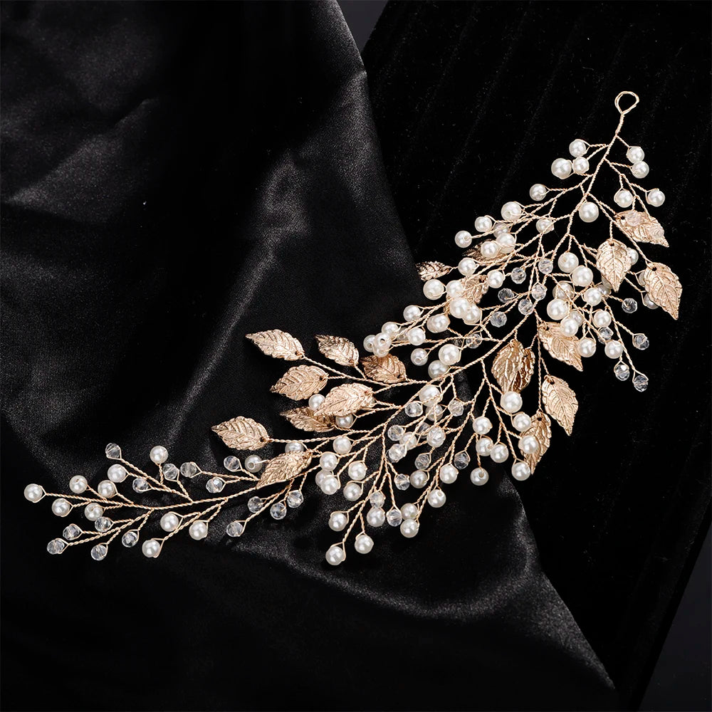 Pearl Crystal Wedding Hair Accessories Silver Gold Bridal Headband Women Jewelry Handmade Leaves Bride Party Headpiece Tiaras