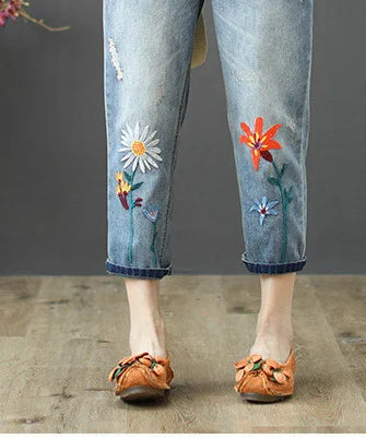 AmaxluluE Summer Fashion Ladies Elastic Elegant Jeans Womens Casual Floral Embroidery Denim Trousers Females Loose Harem Pants