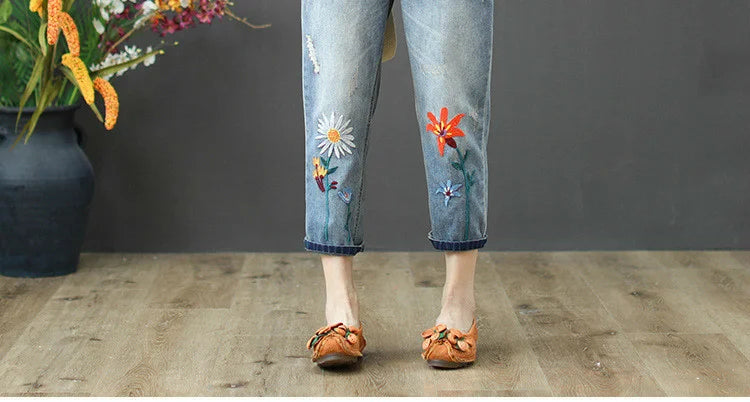 AmaxluluE Summer Fashion Ladies Elastic Elegant Jeans Womens Casual Floral Embroidery Denim Trousers Females Loose Harem Pants