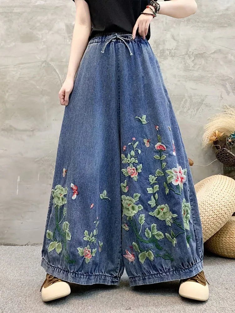 Amax luluE Summer Women Fashion Floral Jeans Oversized Denim Trousers Ladies Loose Casual Vintage Embroidery Wide Leg Pantalons