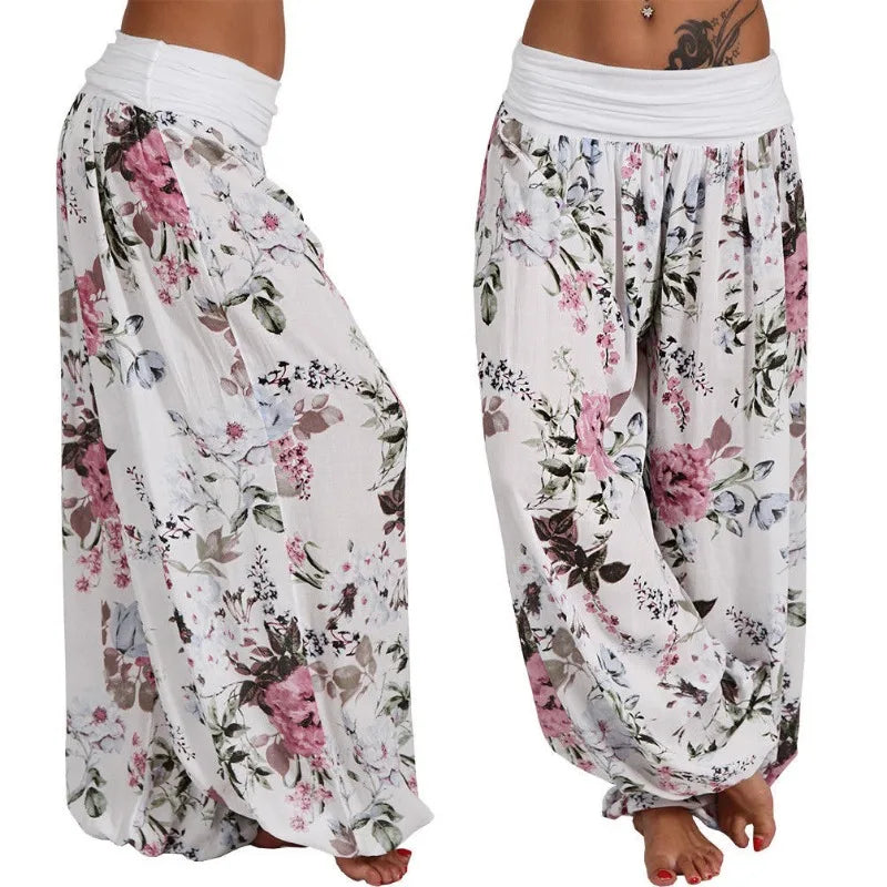 European and American women's clothing long style harem pants digital print long style wide leg pants casual pants plus size