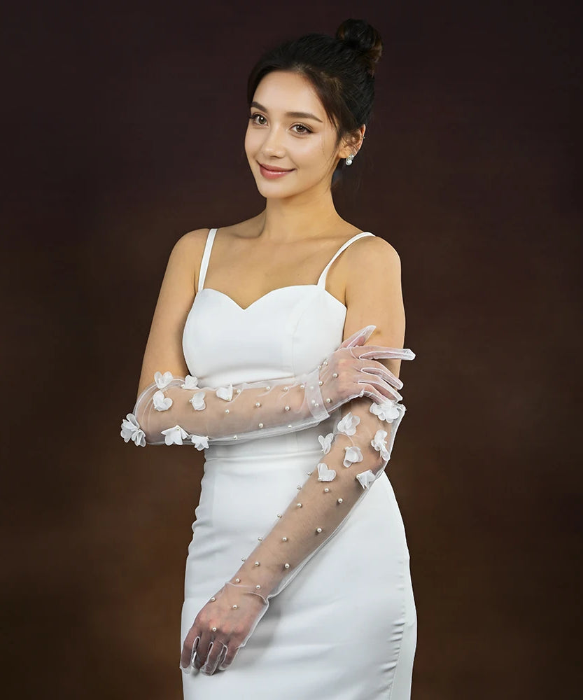 1 Pair Wedding Bride Gloves Pearls Beaded Elbow Covers Arms Sleeves Long Elegant Women Bachelorette Party Accessories  VPM09