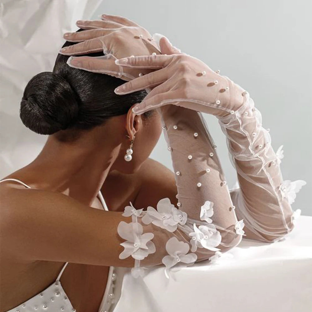 1 Pair Wedding Bride Gloves Pearls Beaded Elbow Covers Arms Sleeves Long Elegant Women Bachelorette Party Accessories  VPM09