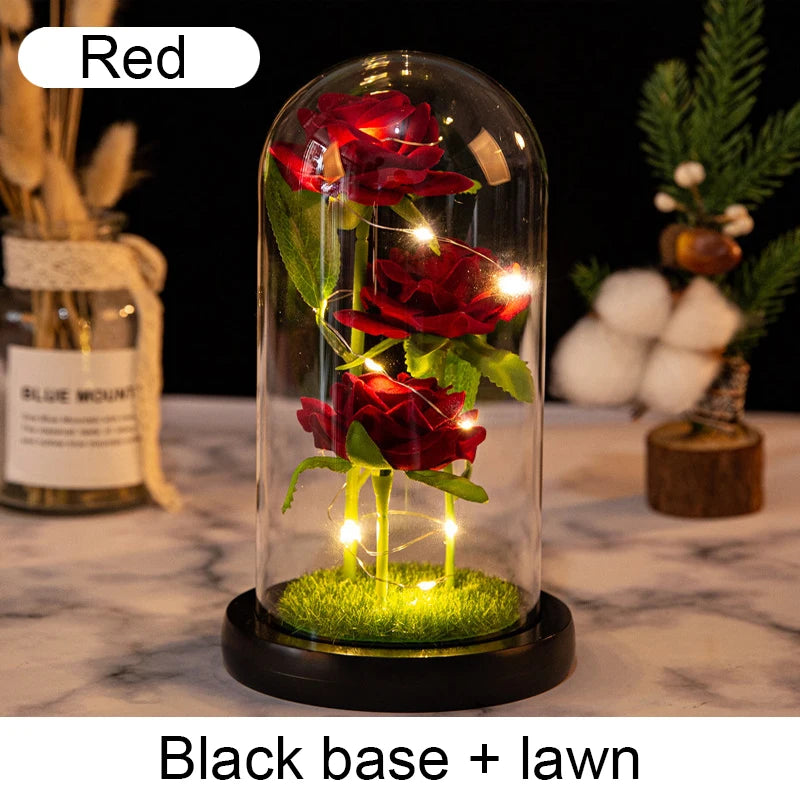 Mothers Day Gifts Party Artificial Flowers LED Rose Creative Valentine's Day Gift in Glass Glass Cover Simulation Rose Flower