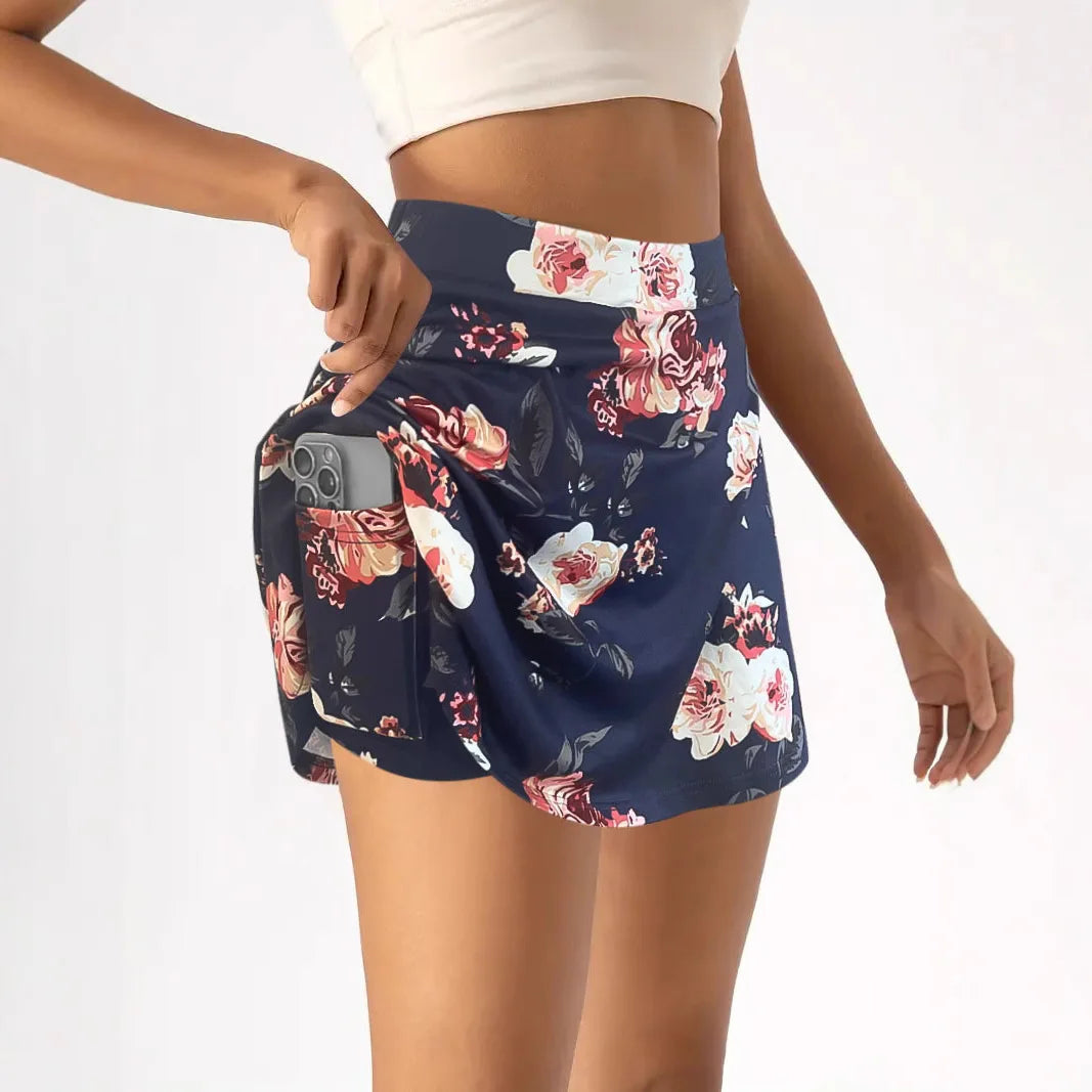 European and American cross-border floral print skirt women's summer high-waisted pleated sports skirt fake two short skirts