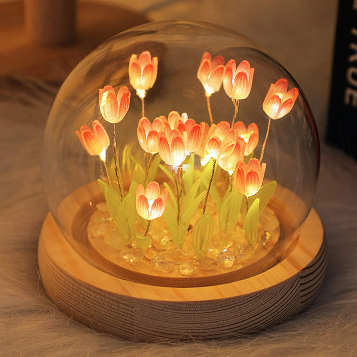 Artificial Flower Tulip Eternal Rose Flower Wedding Decor Handmade DIY LED Night Lamp Foil Glass Dome Preserved Flower Xmas Gift