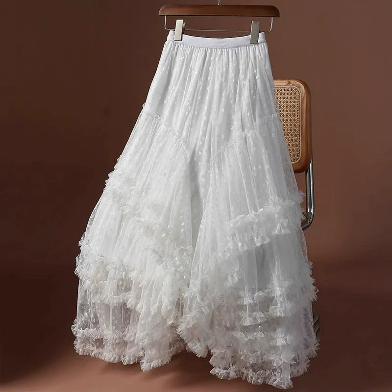 2025 Mesh Heart Printed Skirt Women Elastic High Waist Skirt Elegant Tulle A Line Ruffle Party Skirt Long Summer Saia Feminina