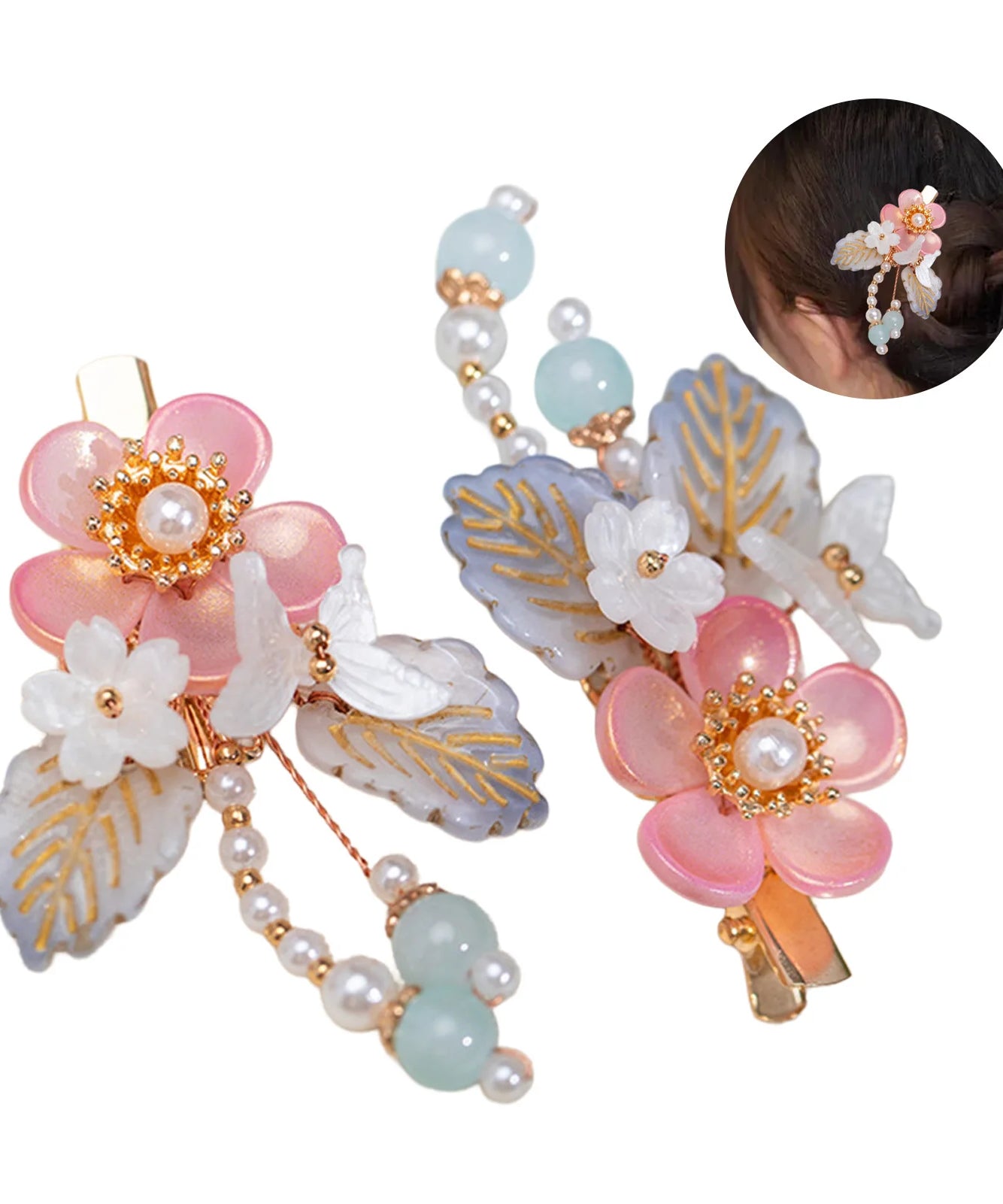 1 Pair Ancient Flowers Hair Pins Pink Resin Flower Hair Clips Crystal like Blossom Hairpins for Women Girls Hair Accessories