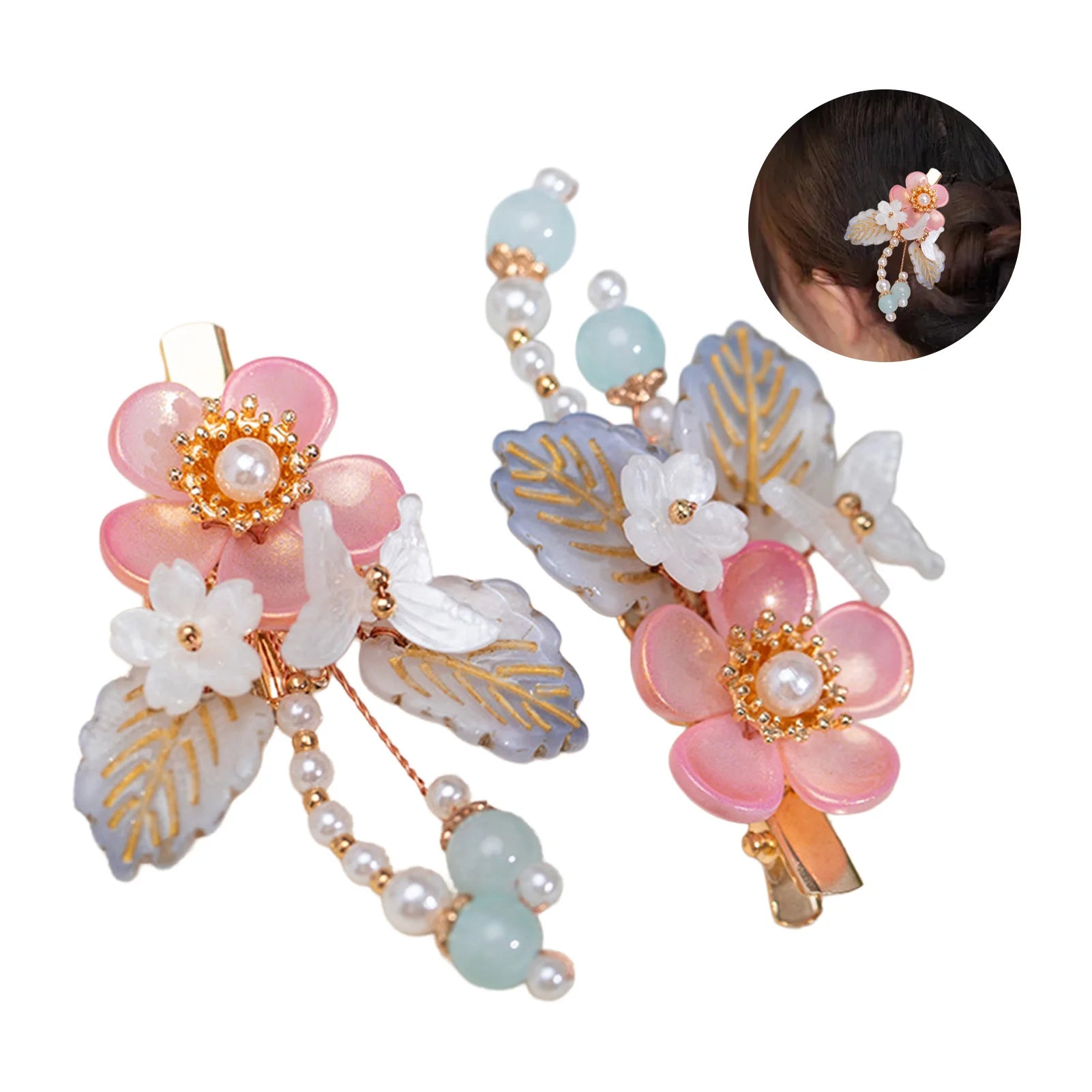 1 Pair Ancient Flowers Hair Pins Pink Resin Flower Hair Clips Crystal like Blossom Hairpins for Women Girls Hair Accessories