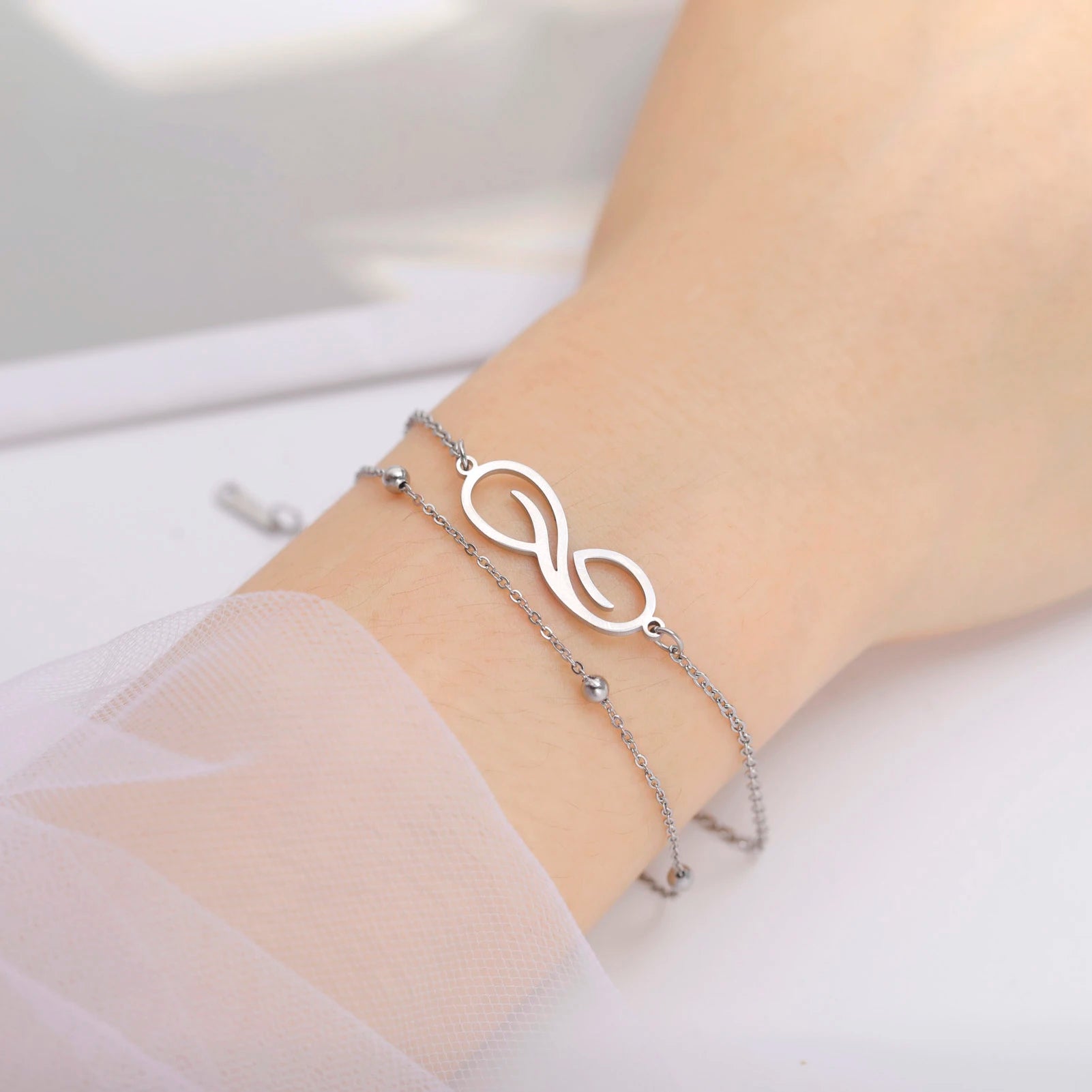 Skyrim Infinity Symbol Bracelet Stainless Steel Women's Minimalist Geometric Symbol Double layer Bead Chain Couple Jewelry Gift