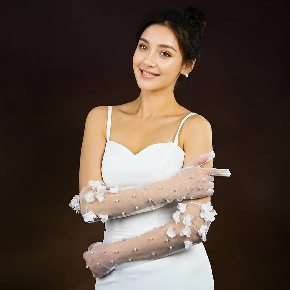 1 Pair Wedding Bride Gloves Pearls Beaded Elbow Covers Arms Sleeves Long Elegant Women Bachelorette Party Accessories  VPM09