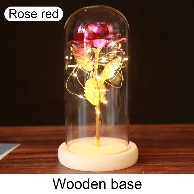 Mothers Day Gifts Party LED Light Foil Flower in Glass Cover Valentine's Day Gift in Glass Simulation Rose Flower