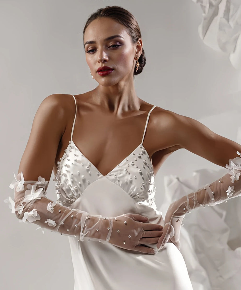 1 Pair Wedding Bride Gloves Pearls Beaded Elbow Covers Arms Sleeves Long Elegant Women Bachelorette Party Accessories  VPM09