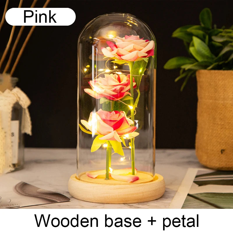 Mothers Day Gifts Party Artificial Flowers LED Rose Creative Valentine's Day Gift in Glass Glass Cover Simulation Rose Flower