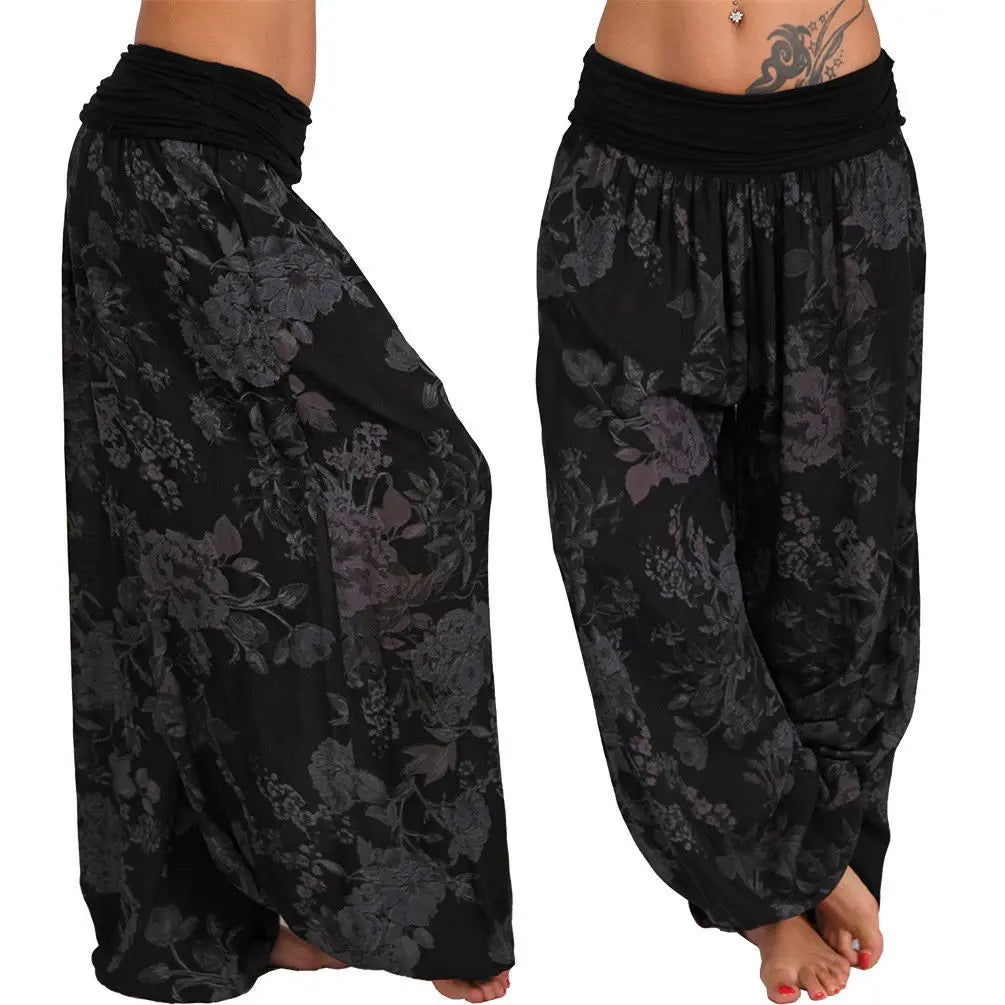 European and American women's clothing long style harem pants digital print long style wide leg pants casual pants plus size