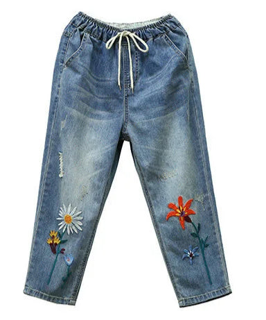 AmaxluluE Summer Fashion Ladies Elastic Elegant Jeans Womens Casual Floral Embroidery Denim Trousers Females Loose Harem Pants