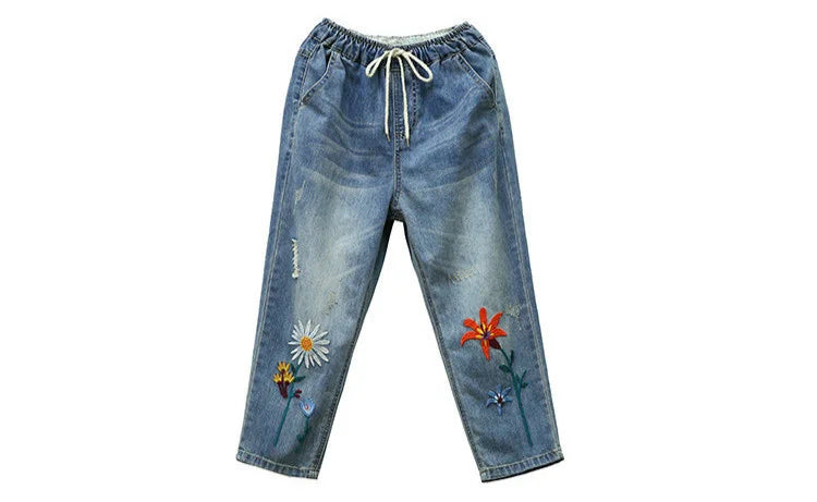 AmaxluluE Summer Fashion Ladies Elastic Elegant Jeans Womens Casual Floral Embroidery Denim Trousers Females Loose Harem Pants