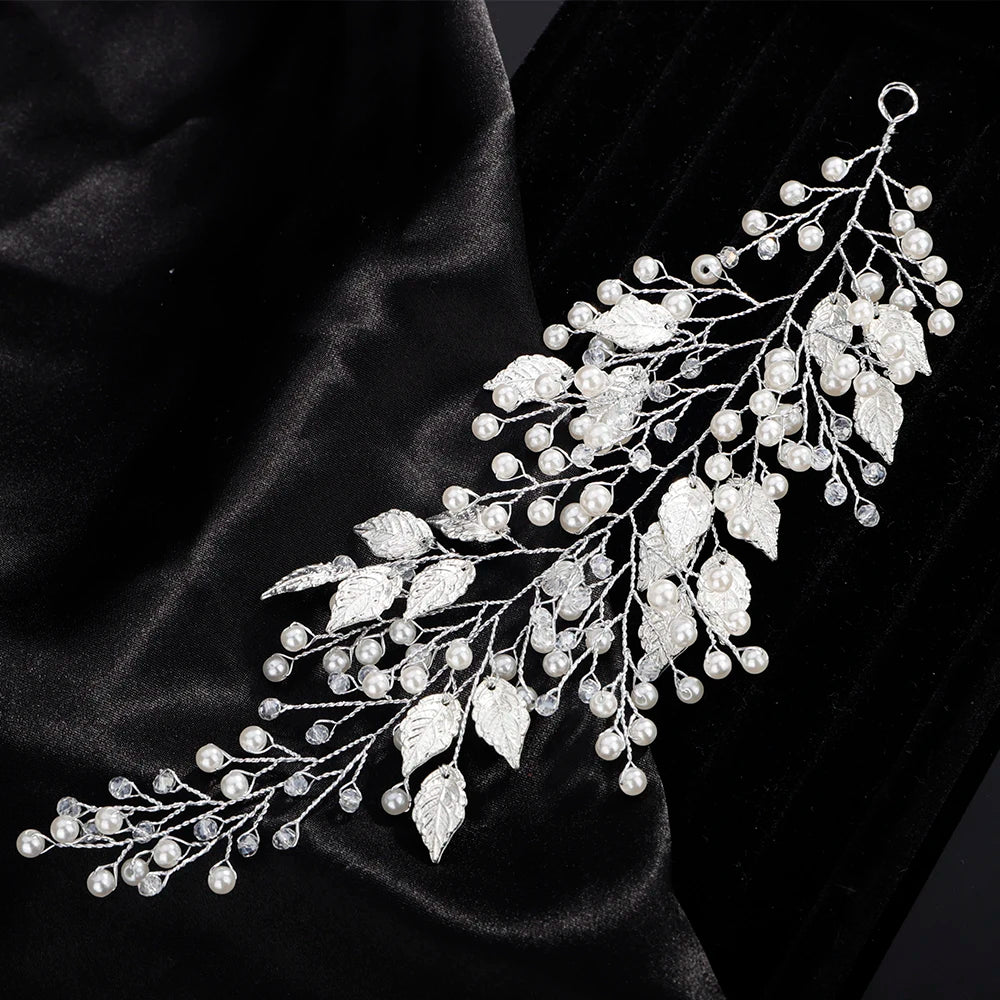 Pearl Crystal Wedding Hair Accessories Silver Gold Bridal Headband Women Jewelry Handmade Leaves Bride Party Headpiece Tiaras