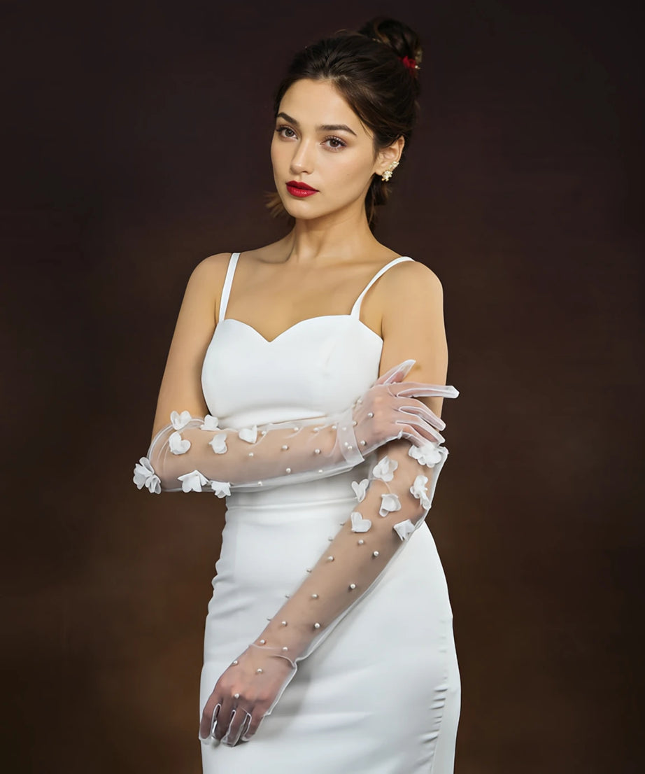 1 Pair Wedding Bride Gloves Pearls Beaded Elbow Covers Arms Sleeves Long Elegant Women Bachelorette Party Accessories  VPM09