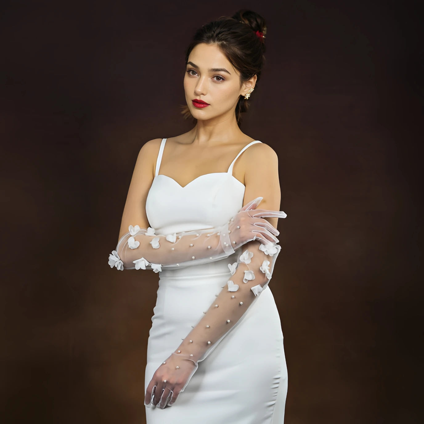 1 Pair Wedding Bride Gloves Pearls Beaded Elbow Covers Arms Sleeves Long Elegant Women Bachelorette Party Accessories  VPM09