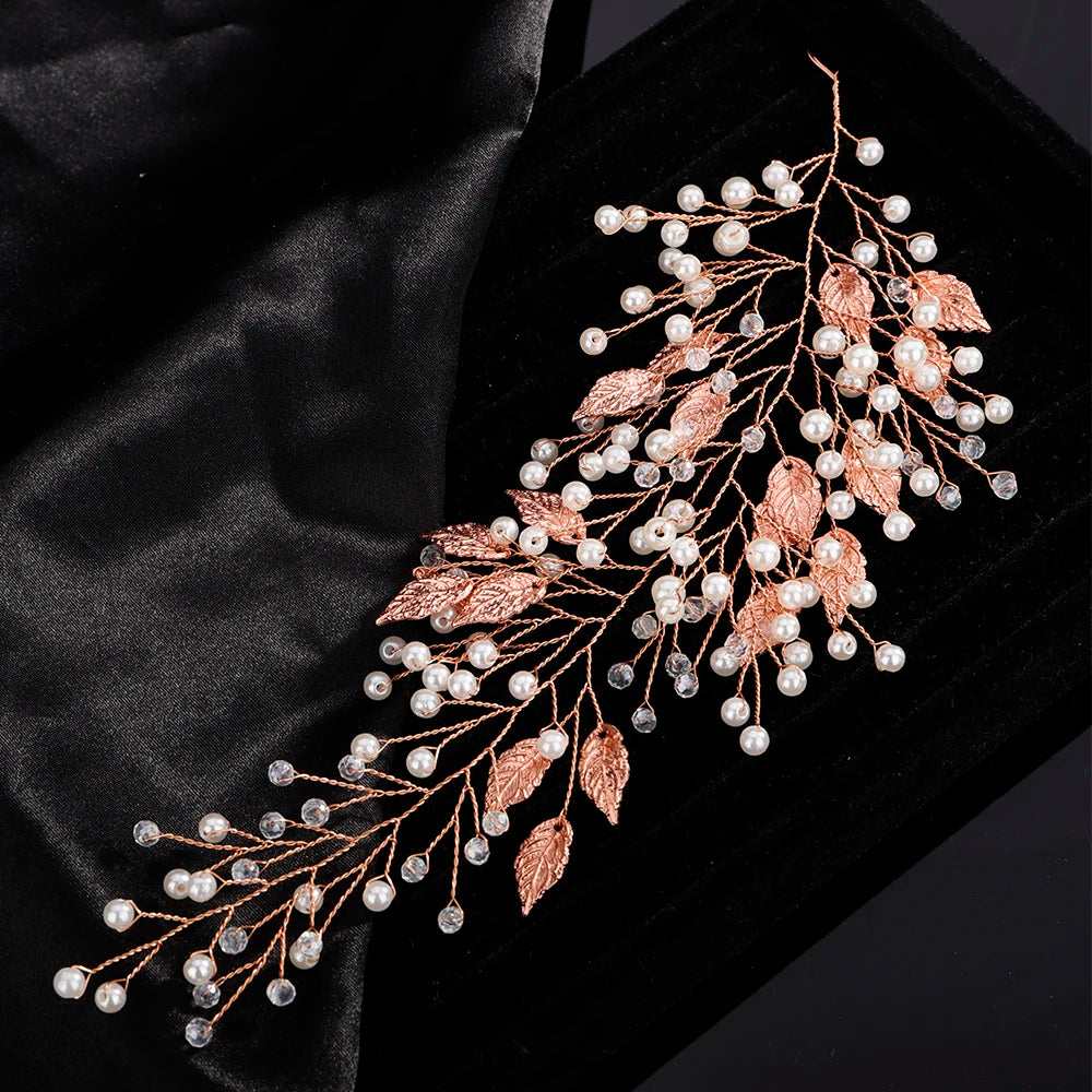 Pearl Crystal Wedding Hair Accessories Silver Gold Bridal Headband Women Jewelry Handmade Leaves Bride Party Headpiece Tiaras