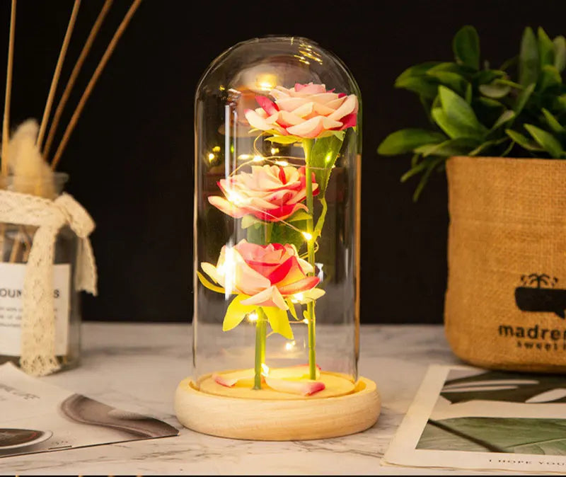 Mothers Day Gifts Party Artificial Flowers LED Rose Creative Valentine's Day Gift in Glass Glass Cover Simulation Rose Flower