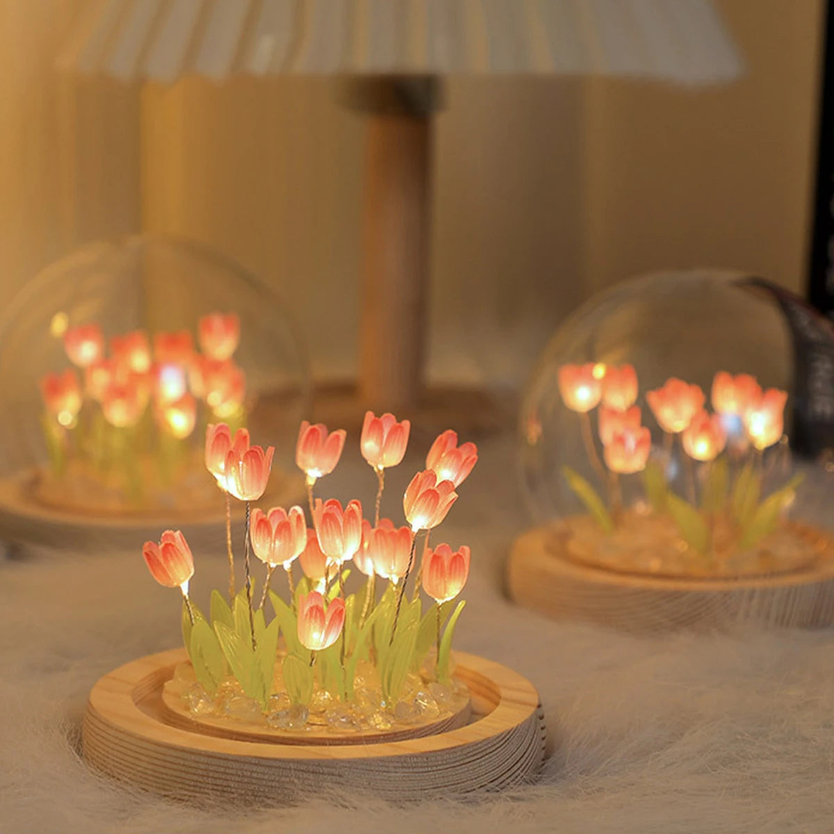 Artificial Flower Tulip Eternal Rose Flower Wedding Decor Handmade DIY LED Night Lamp Foil Glass Dome Preserved Flower Xmas Gift