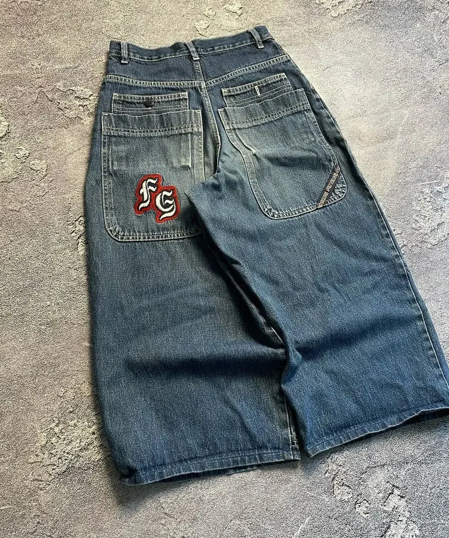 Y2K 2000s Cherry Blossom Pocket Embroidery Fashion Hip Hop Loose Men And Women Clothing Retro Casual Wide Leg Streetwear