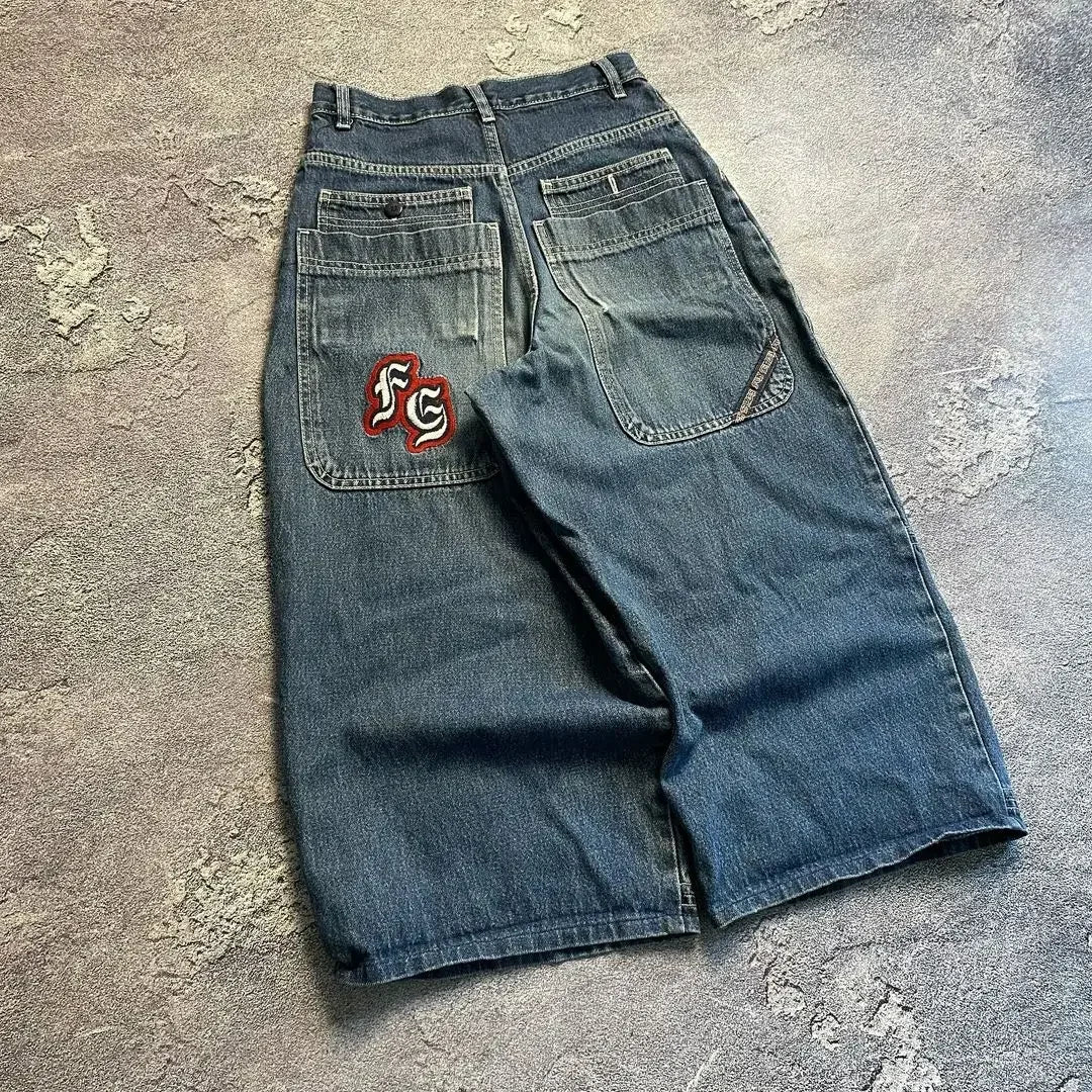 Y2K 2000s Cherry Blossom Pocket Embroidery Fashion Hip Hop Loose Men And Women Clothing Retro Casual Wide Leg Streetwear