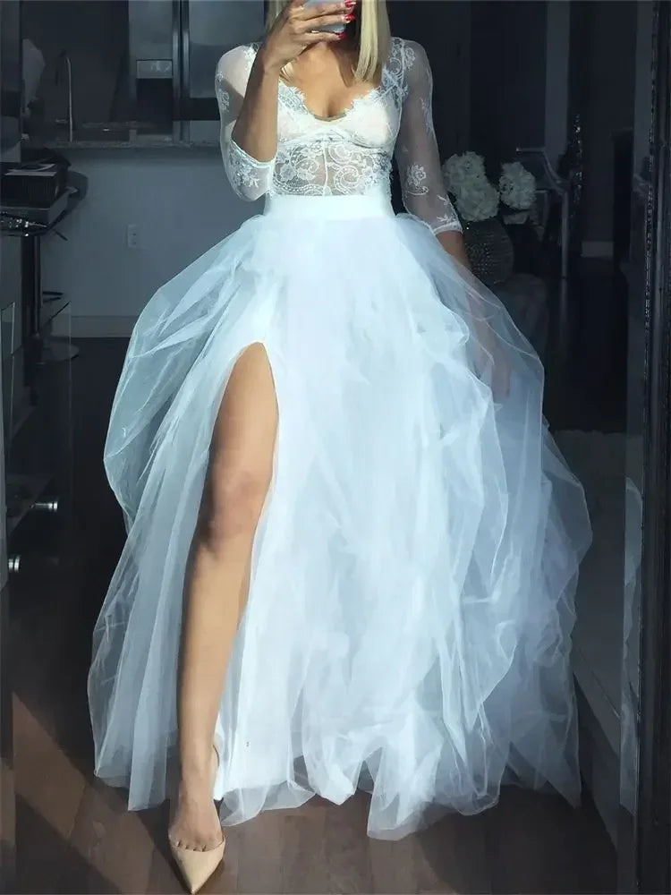 Women Layered Tulle Tutu Skirts for Evening Party Wedding High Waist Long Split Skirts Ladies Princess Bridal Prom Skirts Female
