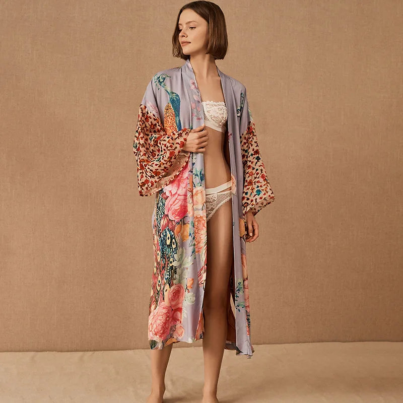 Beach Kimono for Women Peocock Printed Swimsuit Cover Up Self Belted Wrap Dresses Seaside Bathing Suits Beachwear