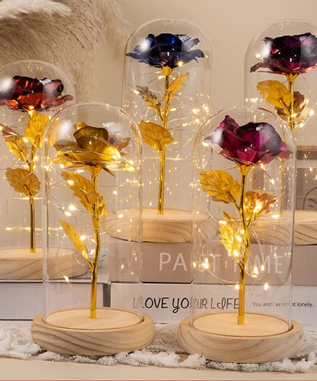 Mothers Day Gifts Party LED Light Foil Flower in Glass Cover Valentine's Day Gift in Glass Simulation Rose Flower