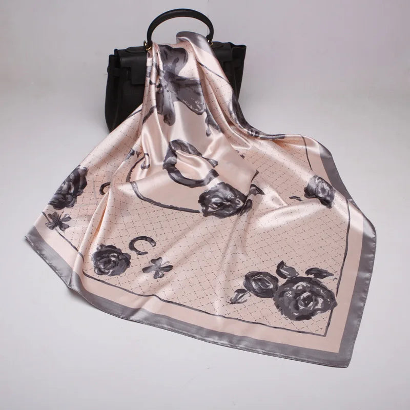 90*90cm Square Shawls and Wraps Floral Print Neck Scarf For Women Silk Satin Neck Scarfs For Ladies Bandana Head Scarves Female