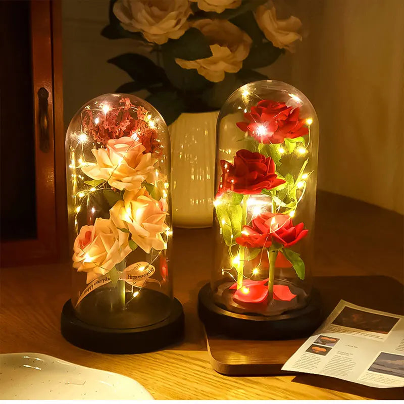 Mothers Day Gifts Party Artificial Flowers LED Rose Creative Valentine's Day Gift in Glass Glass Cover Simulation Rose Flower