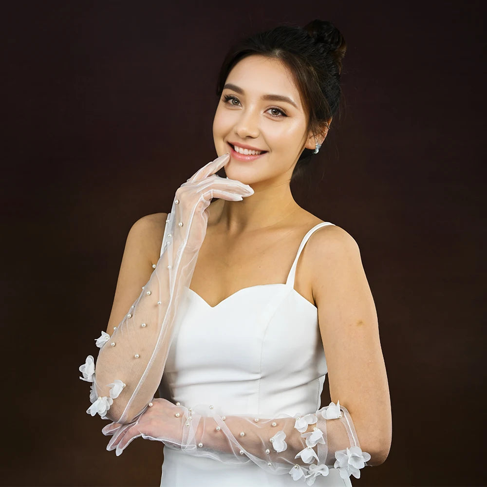 1 Pair Wedding Bride Gloves Pearls Beaded Elbow Covers Arms Sleeves Long Elegant Women Bachelorette Party Accessories  VPM09