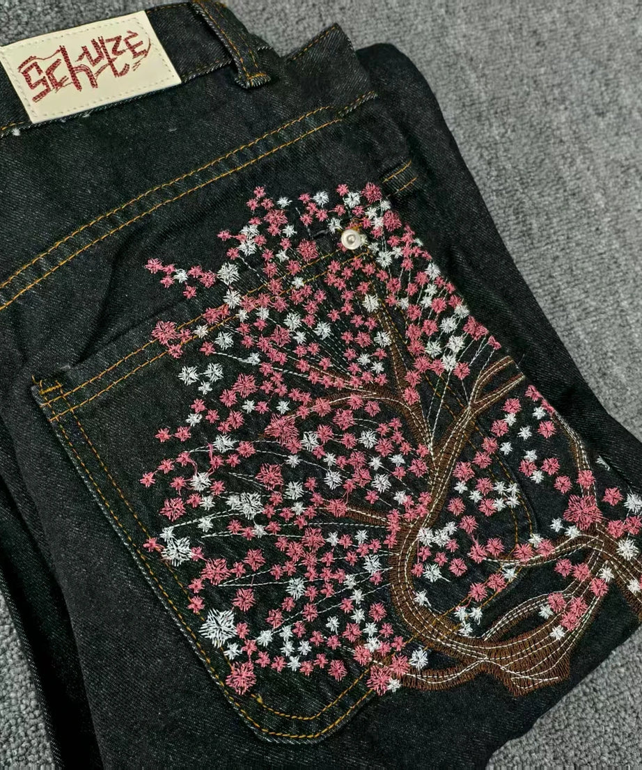 Y2K 2000s Cherry Blossom Pocket Embroidery Fashion Hip Hop Loose Men And Women Clothing Retro Casual Wide Leg Streetwear