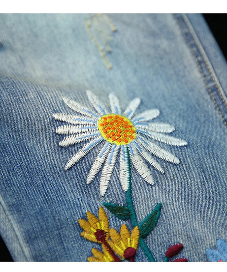 AmaxluluE Summer Fashion Ladies Elastic Elegant Jeans Womens Casual Floral Embroidery Denim Trousers Females Loose Harem Pants