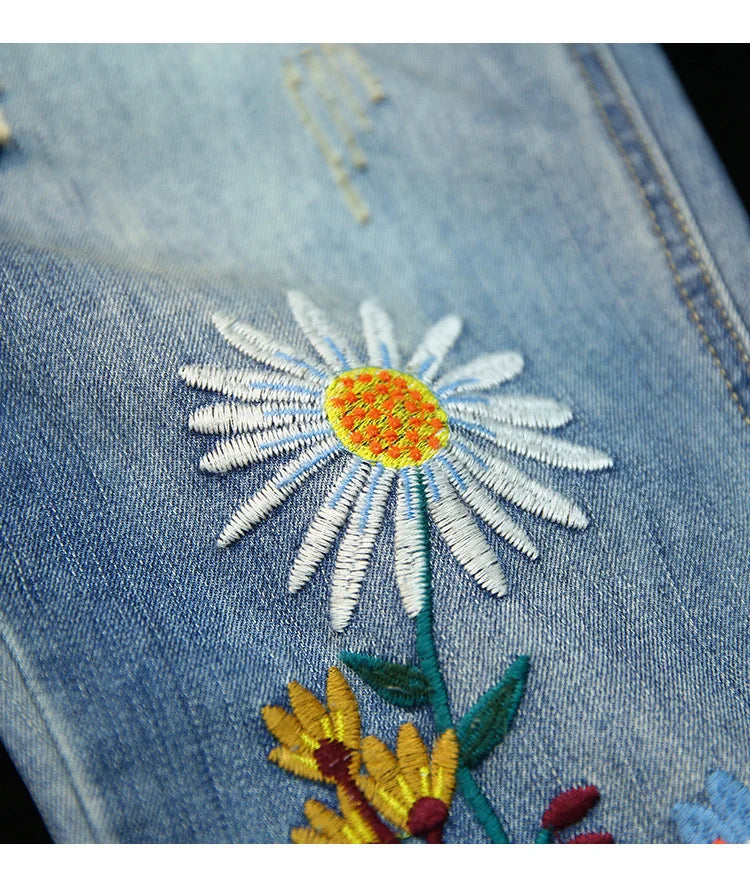 AmaxluluE Summer Fashion Ladies Elastic Elegant Jeans Womens Casual Floral Embroidery Denim Trousers Females Loose Harem Pants