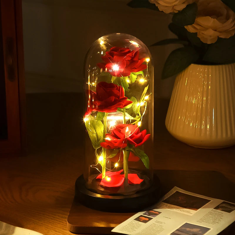 Mothers Day Gifts Party Artificial Flowers LED Rose Creative Valentine's Day Gift in Glass Glass Cover Simulation Rose Flower