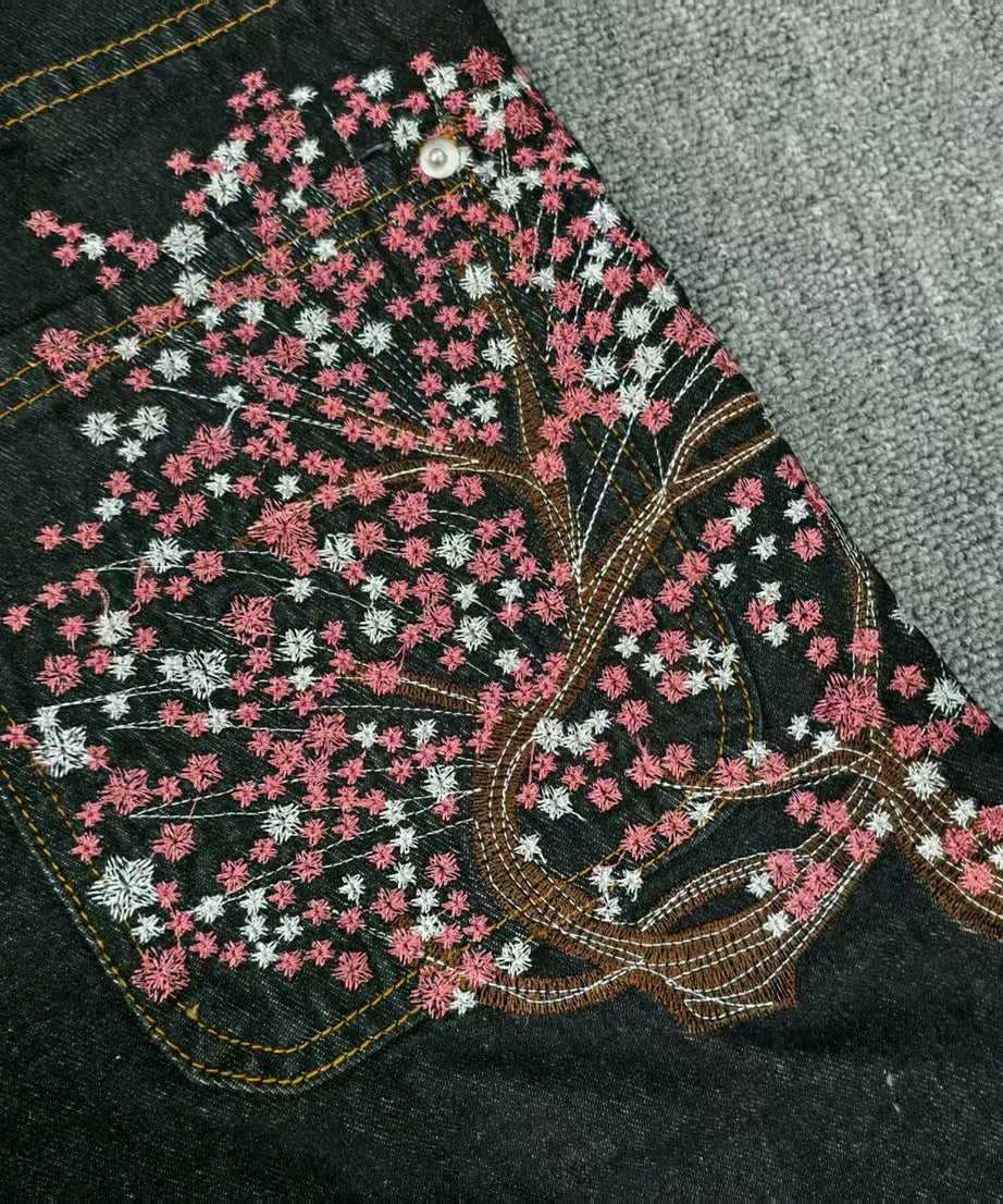 Y2K 2000s Cherry Blossom Pocket Embroidery Fashion Hip Hop Loose Men And Women Clothing Retro Casual Wide Leg Streetwear