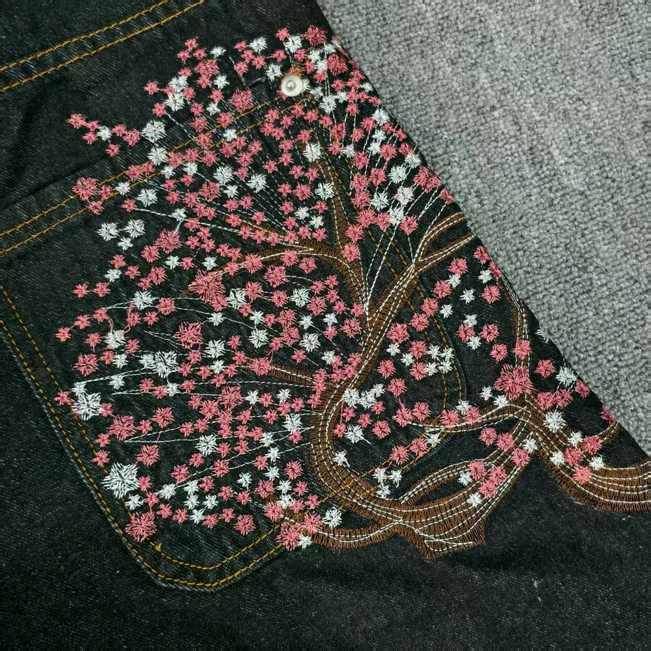 Y2K 2000s Cherry Blossom Pocket Embroidery Fashion Hip Hop Loose Men And Women Clothing Retro Casual Wide Leg Streetwear