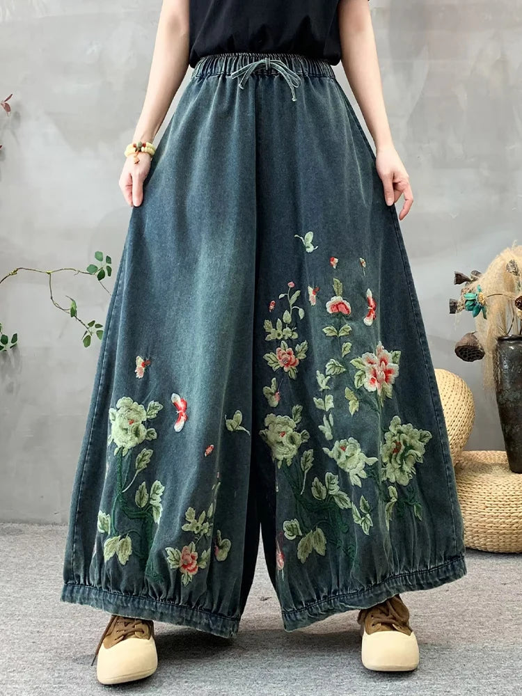 Amax luluE Summer Women Fashion Floral Jeans Oversized Denim Trousers Ladies Loose Casual Vintage Embroidery Wide Leg Pantalons
