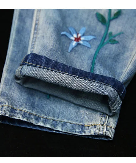 AmaxluluE Summer Fashion Ladies Elastic Elegant Jeans Womens Casual Floral Embroidery Denim Trousers Females Loose Harem Pants