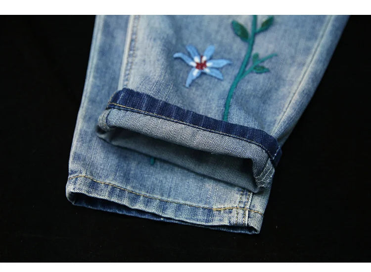 AmaxluluE Summer Fashion Ladies Elastic Elegant Jeans Womens Casual Floral Embroidery Denim Trousers Females Loose Harem Pants