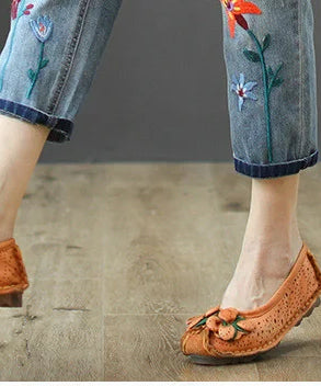 AmaxluluE Summer Fashion Ladies Elastic Elegant Jeans Womens Casual Floral Embroidery Denim Trousers Females Loose Harem Pants