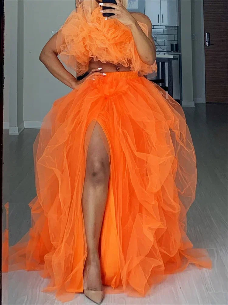 Women Layered Tulle Tutu Skirts for Evening Party Wedding High Waist Long Split Skirts Ladies Princess Bridal Prom Skirts Female
