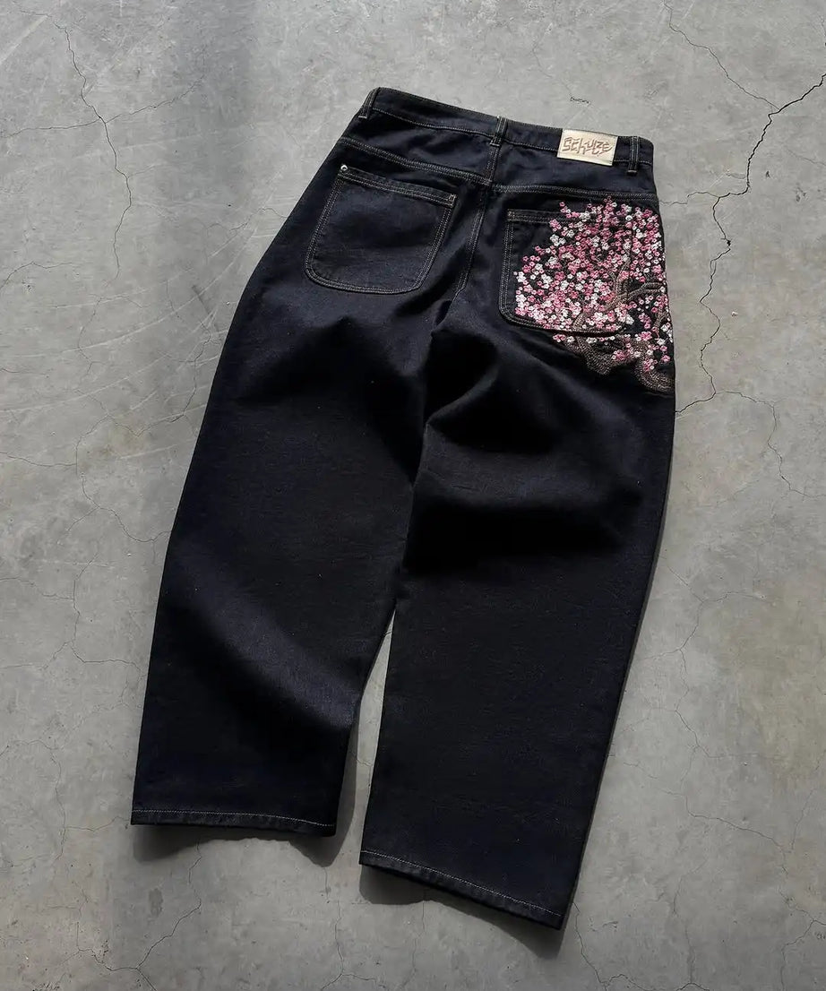Y2K 2000s Cherry Blossom Pocket Embroidery Fashion Hip Hop Loose Men And Women Clothing Retro Casual Wide Leg Streetwear