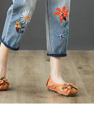 AmaxluluE Summer Fashion Ladies Elastic Elegant Jeans Womens Casual Floral Embroidery Denim Trousers Females Loose Harem Pants