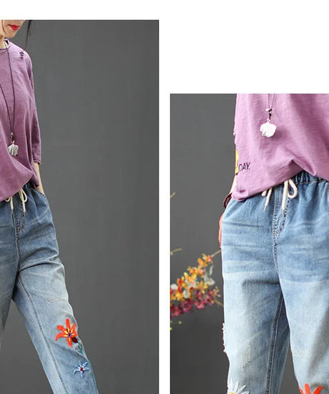 AmaxluluE Summer Fashion Ladies Elastic Elegant Jeans Womens Casual Floral Embroidery Denim Trousers Females Loose Harem Pants