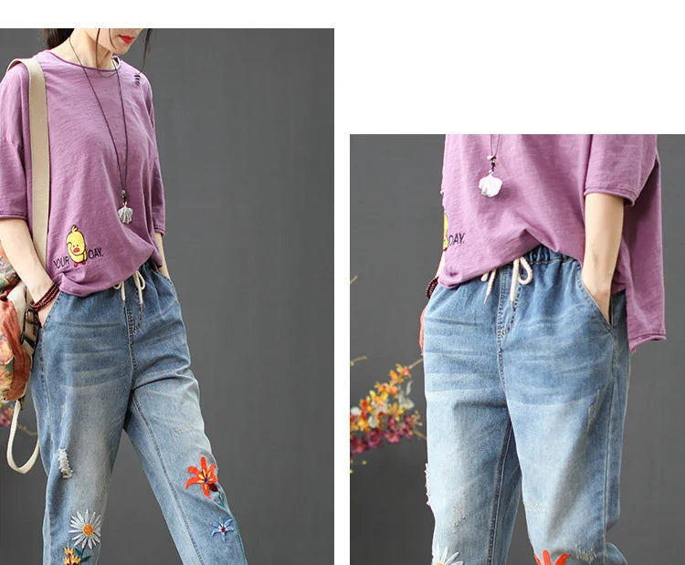 AmaxluluE Summer Fashion Ladies Elastic Elegant Jeans Womens Casual Floral Embroidery Denim Trousers Females Loose Harem Pants